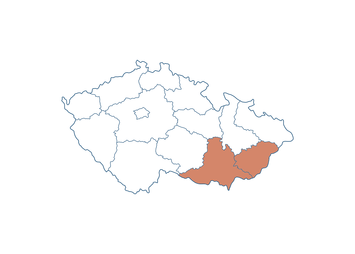 Mapa České republiky se zvýrazněným Zlínským a Jihomoravským krajem